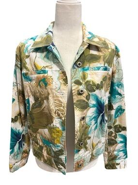 Caribbean Joe Teal & Olive Floral Button-Front Jean Jacket